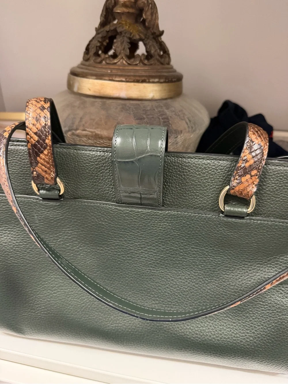 Coach Forest Green Pebbled Leather Satchel with Snake-Print Straps